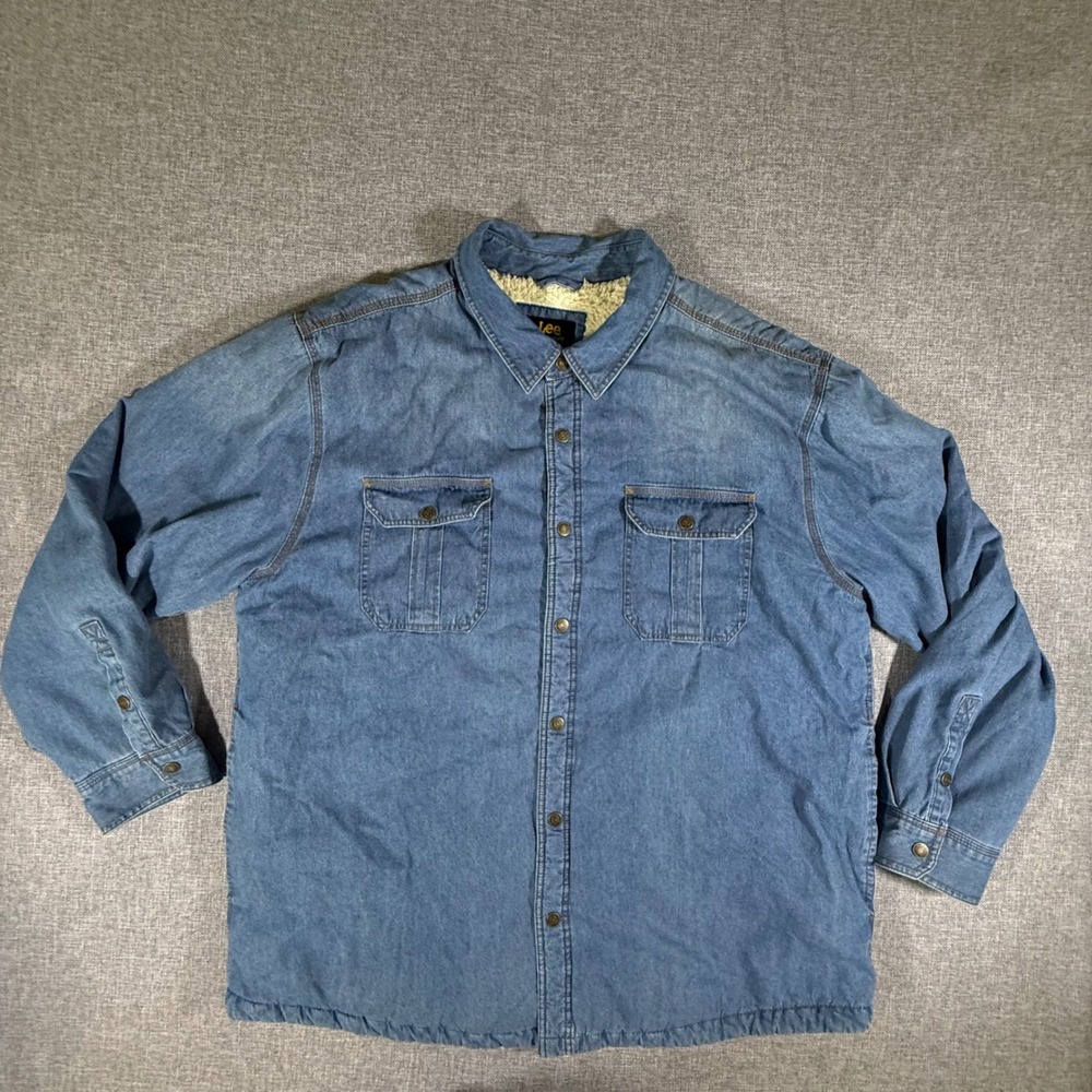 VTG Lee Denim Shirt Jacket Mens XXL Blue Sherpa Lined Rugged Workwear Shacket